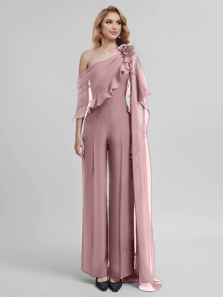 Jumpsuits One-Shoulder Half Sleeves Chiffon Mother Of The Bride Pantsuits