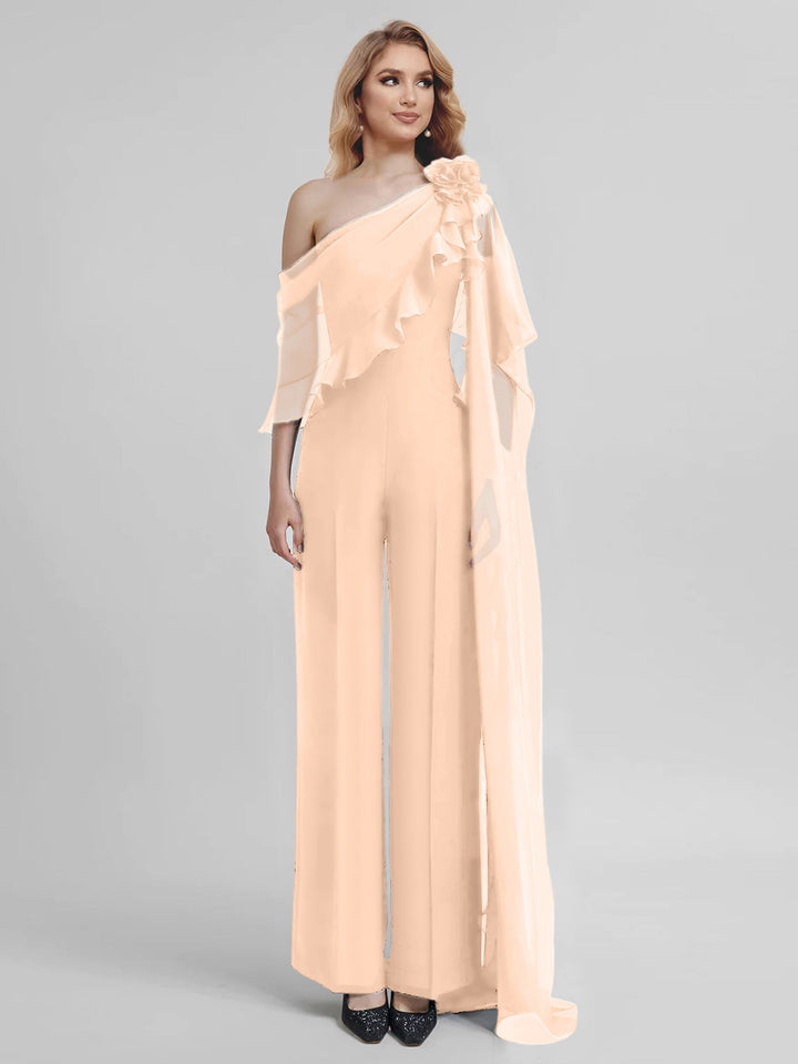 Jumpsuits One-Shoulder Half Sleeves Chiffon Mother Of The Bride Pantsuits