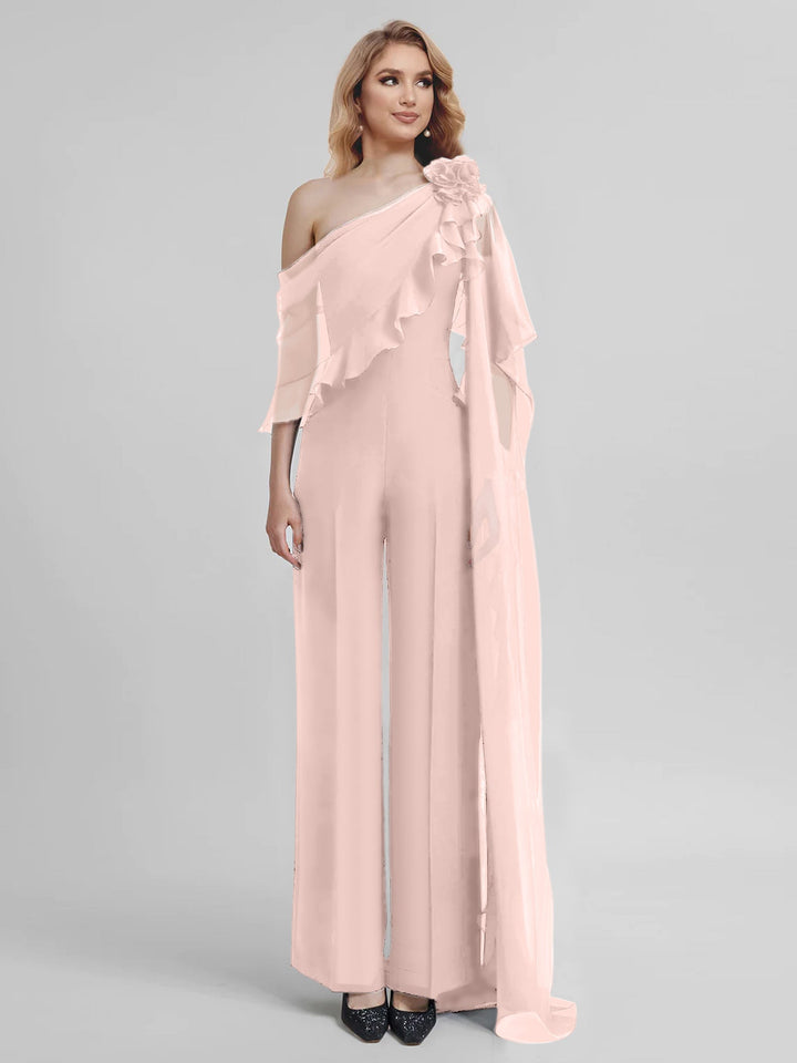 Jumpsuits One-Shoulder Half Sleeves Chiffon Mother Of The Bride Pantsuits