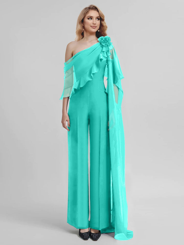 Jumpsuits One-Shoulder Half Sleeves Chiffon Mother Of The Bride Pantsuits