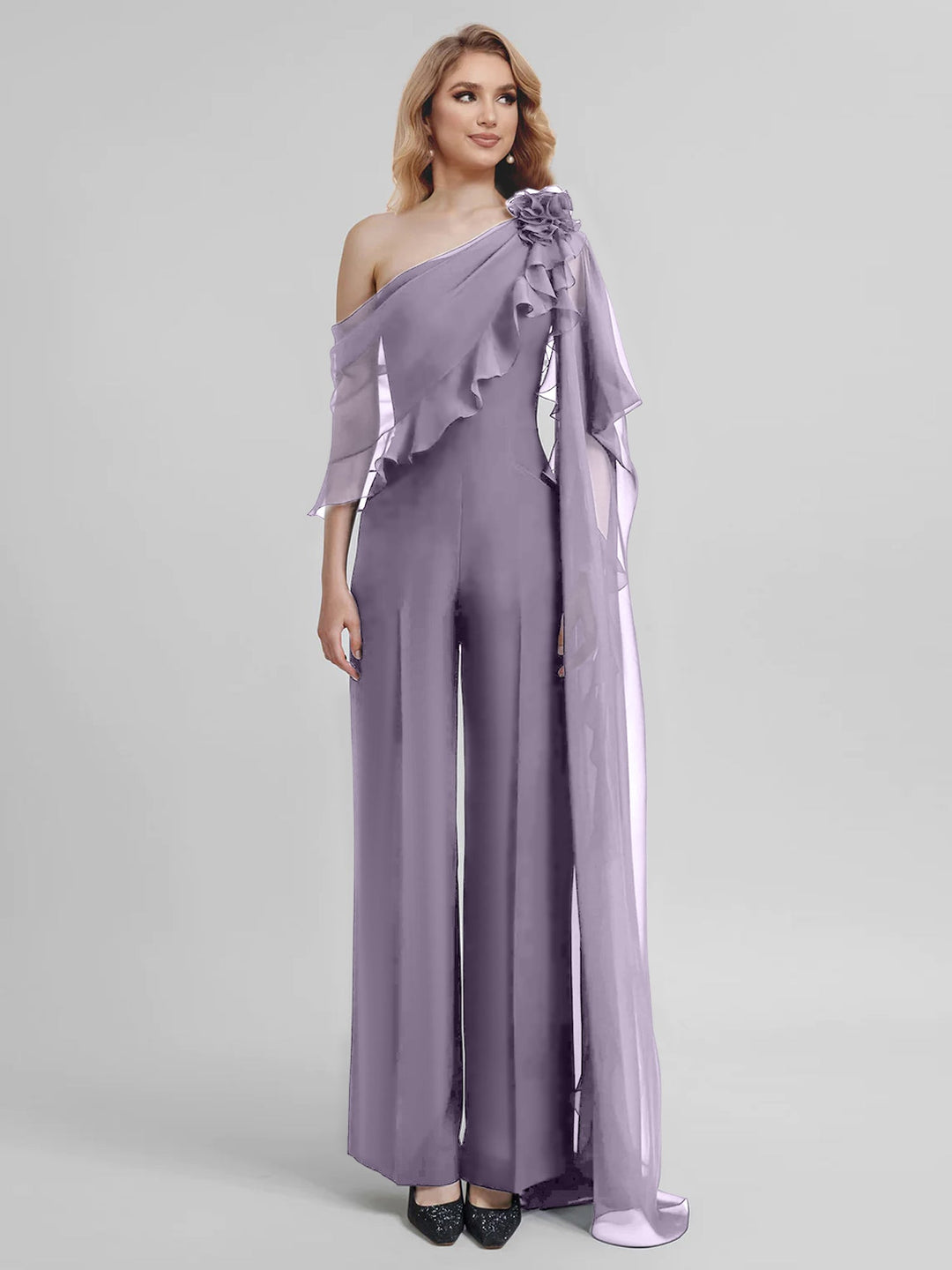 Jumpsuits One-Shoulder Half Sleeves Chiffon Mother Of The Bride Pantsuits