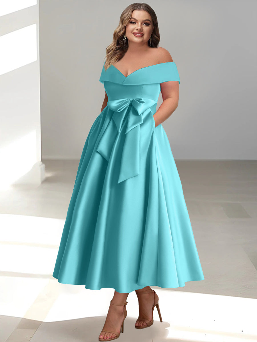 A-Line/Princess Off-the-Shoulder Sleeveless Ankle-Length Plus Size Mother of the Bride Dresses with Pockets