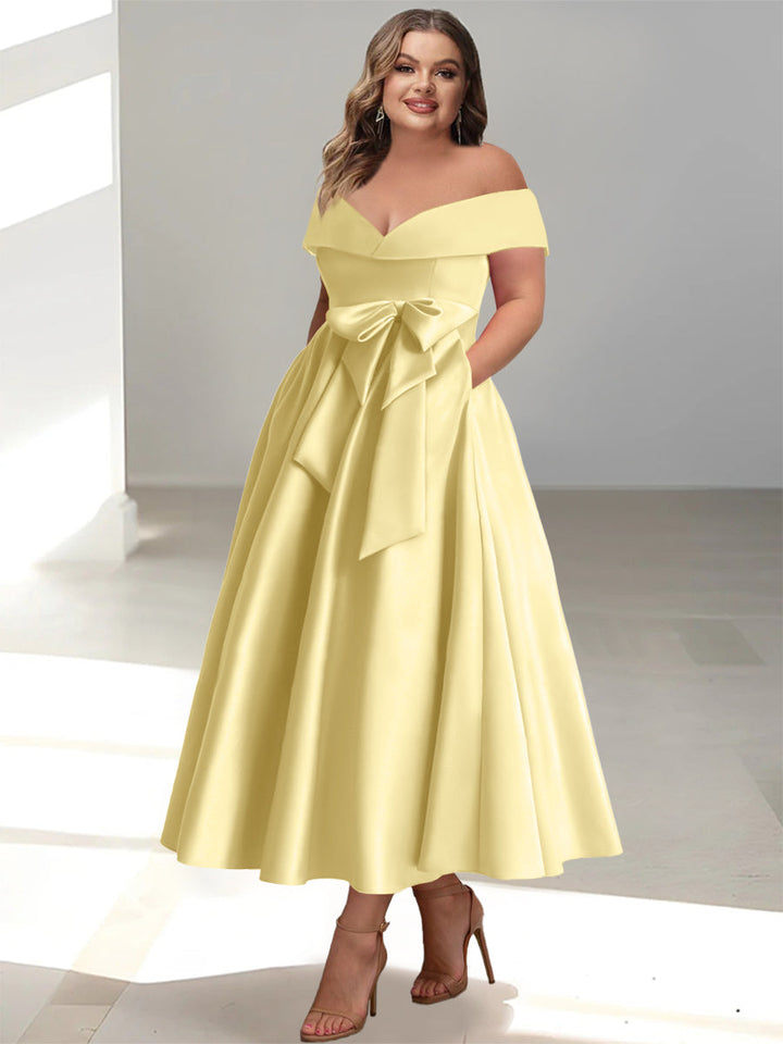 A-Line/Princess Off-the-Shoulder Sleeveless Ankle-Length Plus Size Mother of the Bride Dresses with Pockets