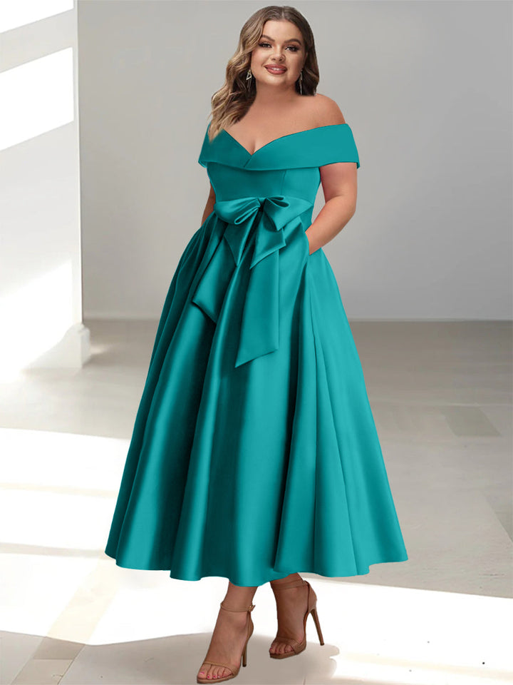 A-Line/Princess Off-the-Shoulder Sleeveless Ankle-Length Plus Size Mother of the Bride Dresses with Pockets