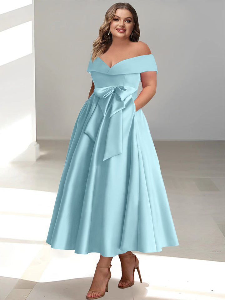 A-Line/Princess Off-the-Shoulder Sleeveless Ankle-Length Plus Size Mother of the Bride Dresses with Pockets