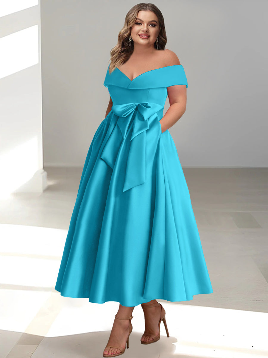 A-Line/Princess Off-the-Shoulder Sleeveless Ankle-Length Plus Size Mother of the Bride Dresses with Pockets