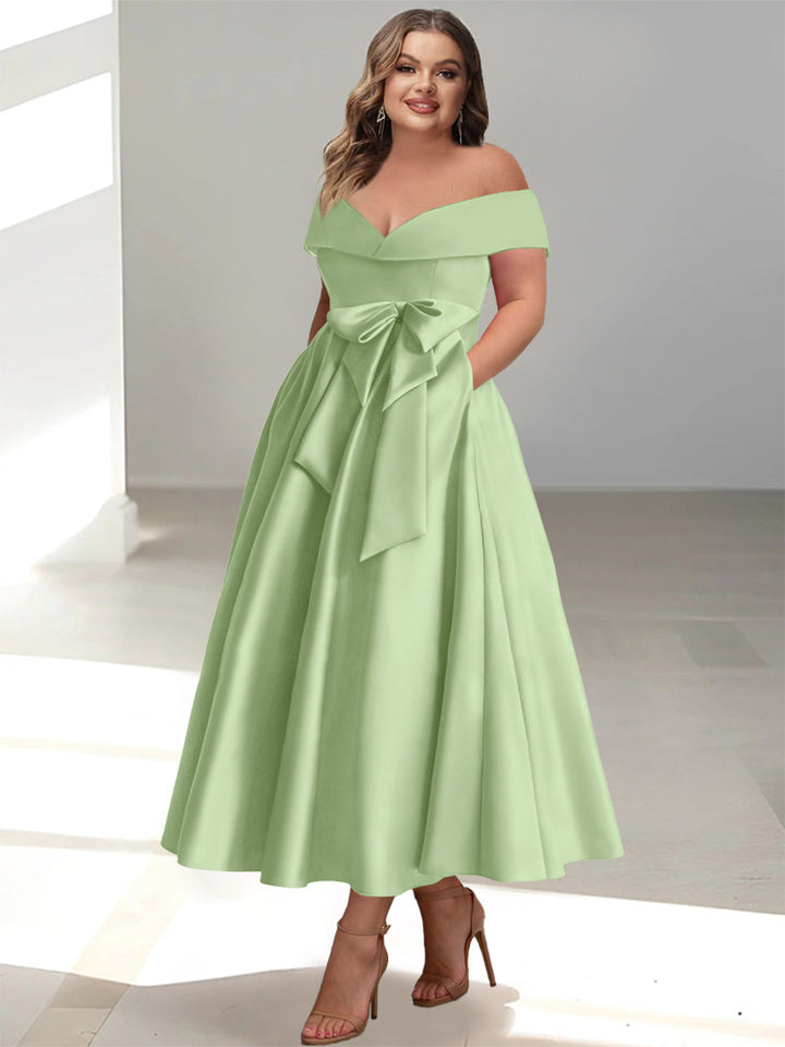 A-Line/Princess Off-the-Shoulder Sleeveless Ankle-Length Plus Size Mother of the Bride Dresses with Pockets