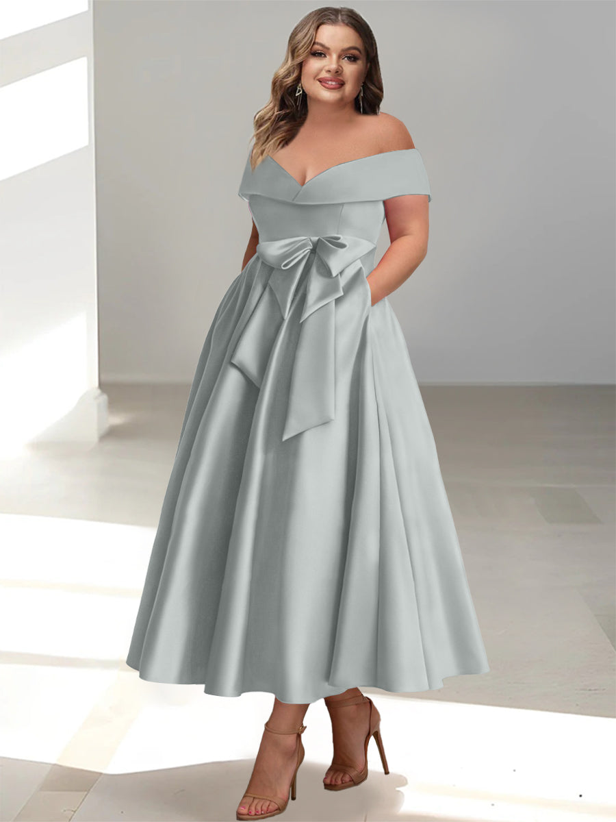 A-Line/Princess Off-the-Shoulder Sleeveless Ankle-Length Plus Size Mother of the Bride Dresses with Pockets