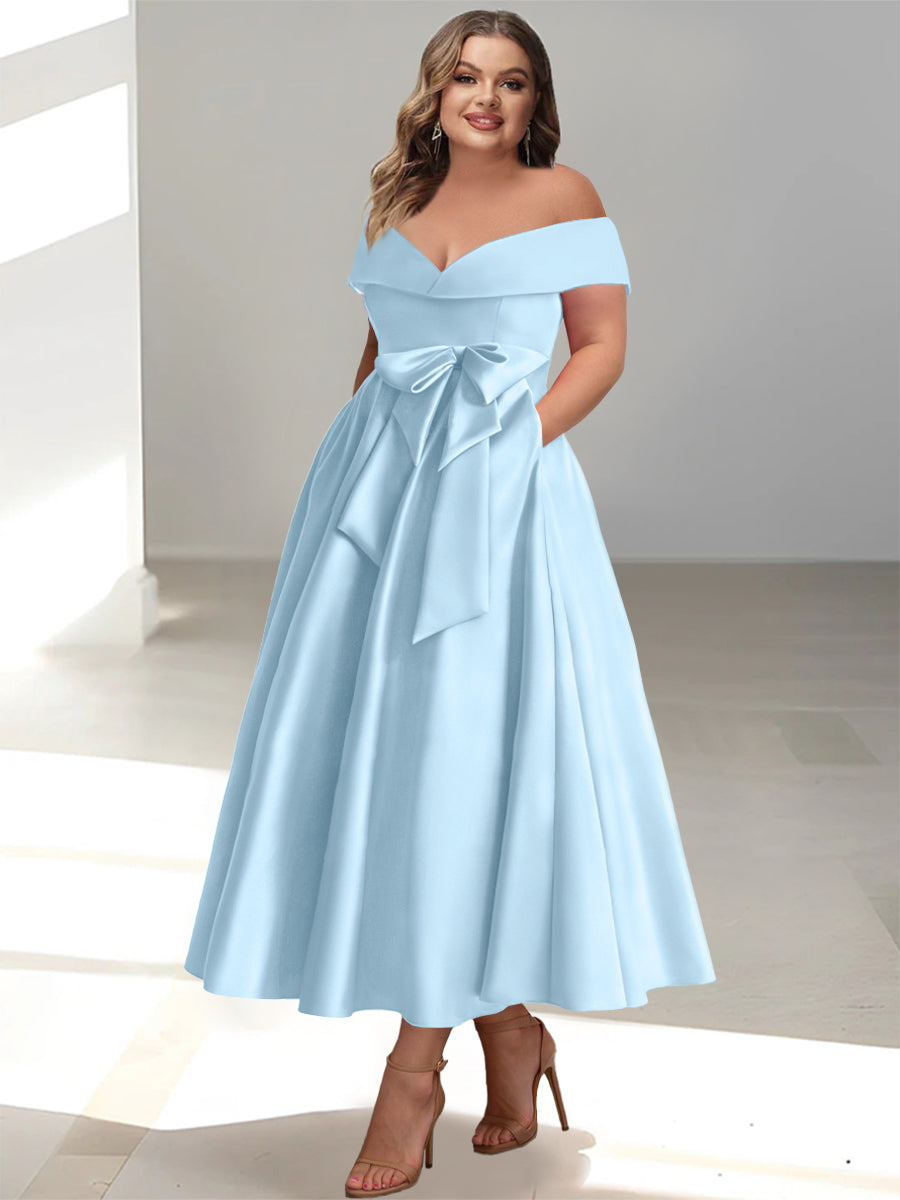 A-Line/Princess Off-the-Shoulder Sleeveless Ankle-Length Plus Size Mother of the Bride Dresses with Pockets