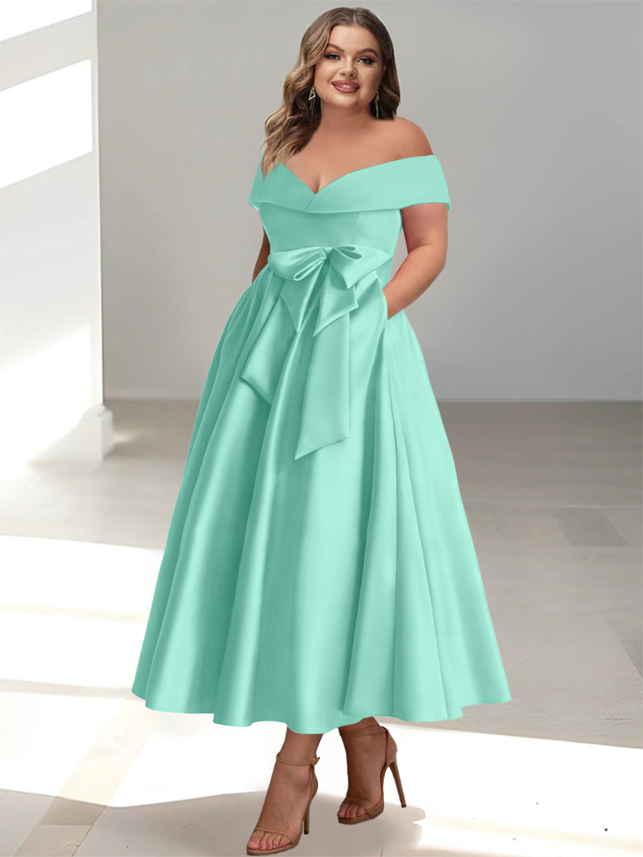 A-Line/Princess Off-the-Shoulder Sleeveless Ankle-Length Plus Size Mother of the Bride Dresses with Pockets