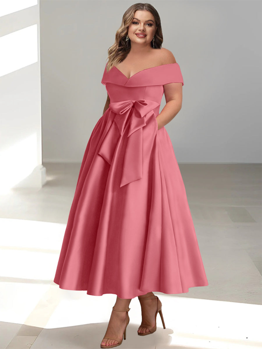 A-Line/Princess Off-the-Shoulder Sleeveless Ankle-Length Plus Size Mother of the Bride Dresses with Pockets