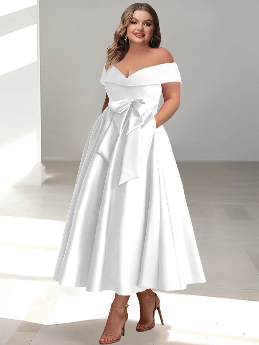 A-Line/Princess Off-the-Shoulder Sleeveless Ankle-Length Plus Size Mother of the Bride Dresses with Pockets