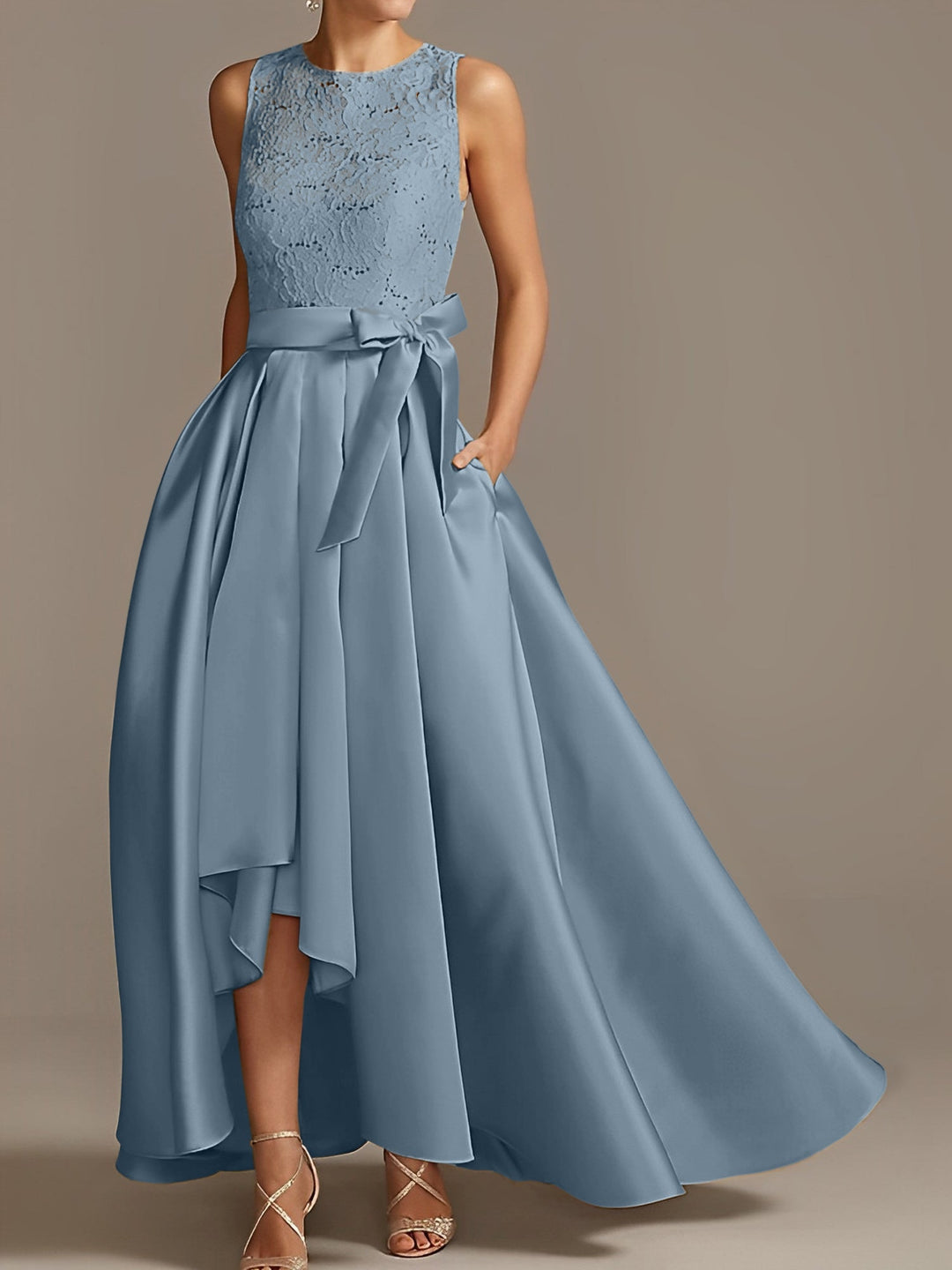 A-Line/Princess Jewel Neck Sleeveless Asymmetrical Mother Of The Bride Dresses With Pleats