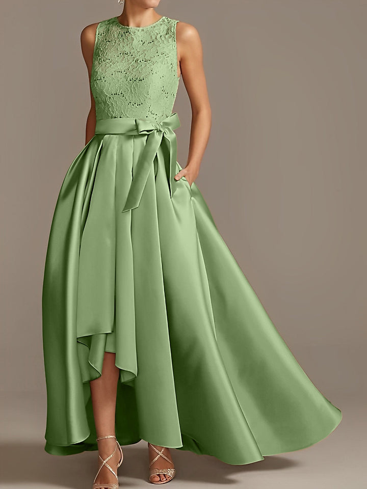 A-Line/Princess Jewel Neck Sleeveless Asymmetrical Mother Of The Bride Dresses With Pleats