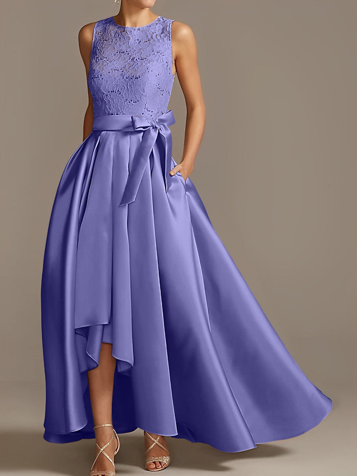 A-Line/Princess Jewel Neck Sleeveless Asymmetrical Mother Of The Bride Dresses With Pleats