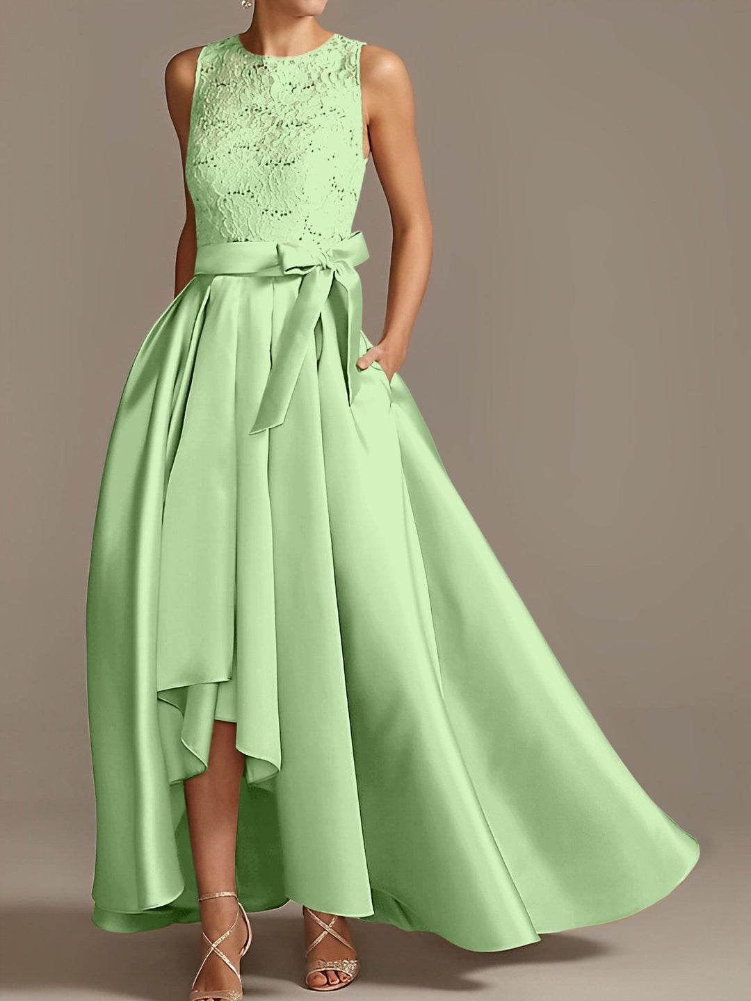 A-Line/Princess Jewel Neck Sleeveless Asymmetrical Mother Of The Bride Dresses With Pleats