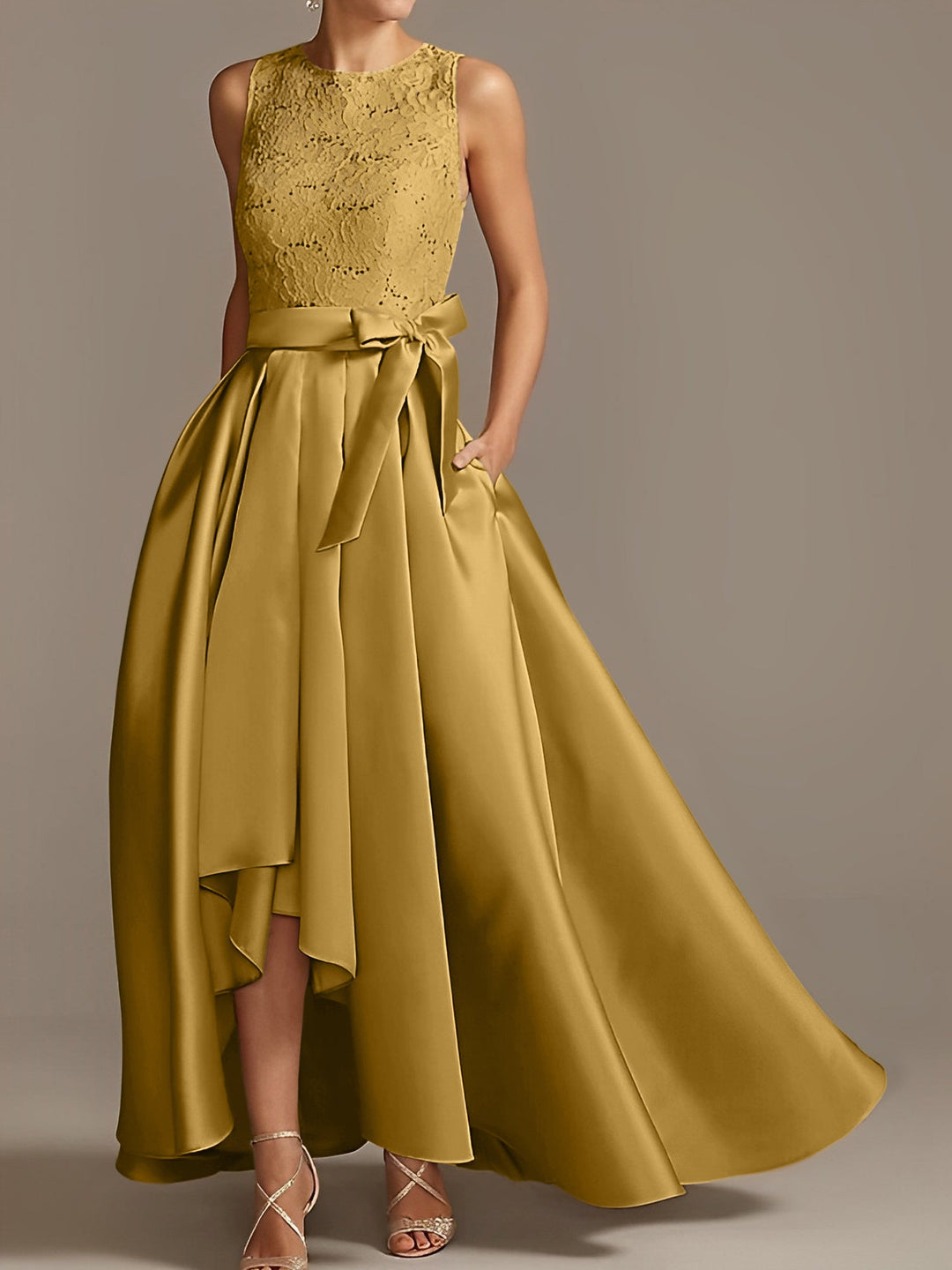 A-Line/Princess Jewel Neck Sleeveless Asymmetrical Mother Of The Bride Dresses With Pleats