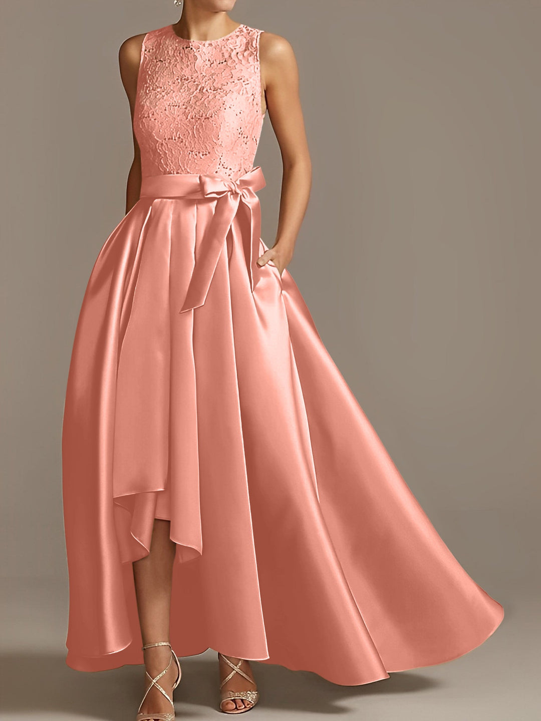 A-Line/Princess Jewel Neck Sleeveless Asymmetrical Mother Of The Bride Dresses With Pleats