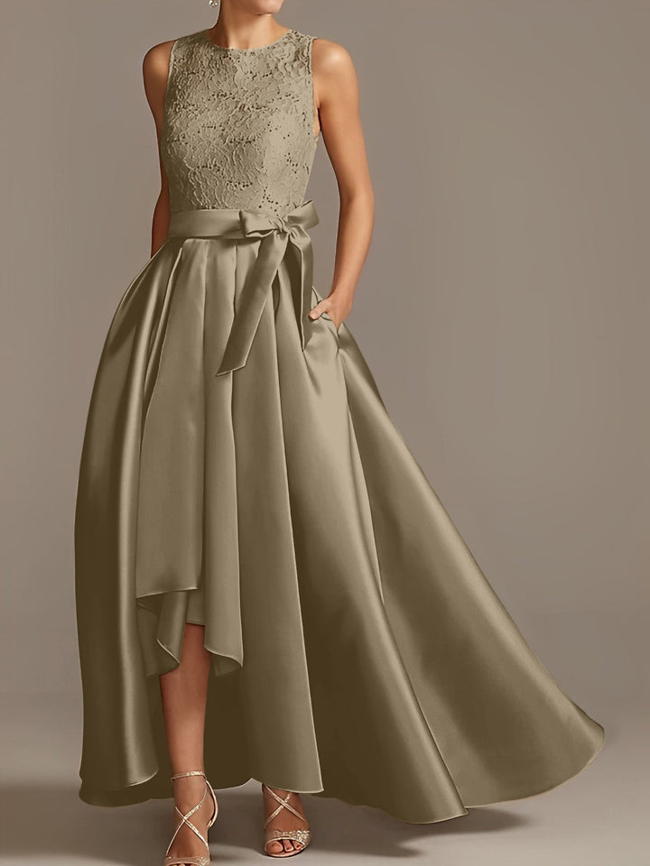 A-Line/Princess Jewel Neck Sleeveless Asymmetrical Mother Of The Bride Dresses With Pleats