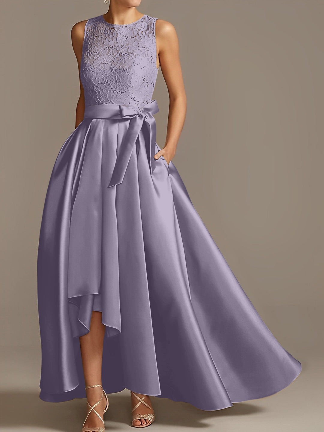 A-Line/Princess Jewel Neck Sleeveless Asymmetrical Mother Of The Bride Dresses With Pleats