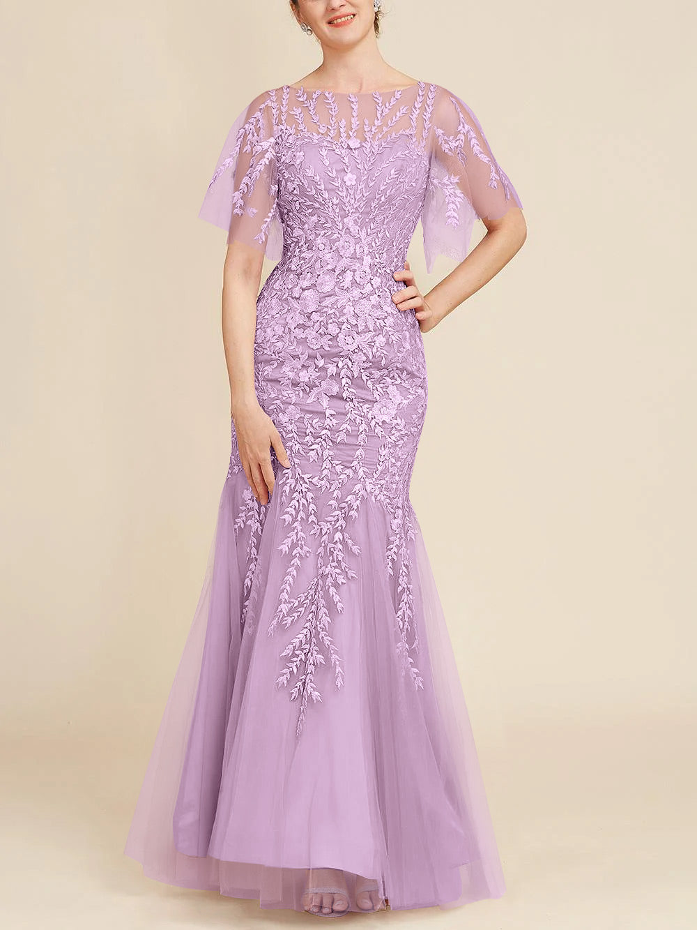 Trumpet/Mermaid Scoop Half Sleeves Floor-Length Mother of the Bride Dresses with Lace