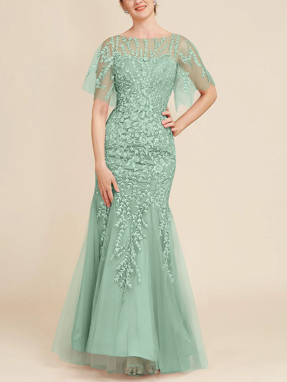 Trumpet/Mermaid Scoop Half Sleeves Floor-Length Mother of the Bride Dresses with Lace