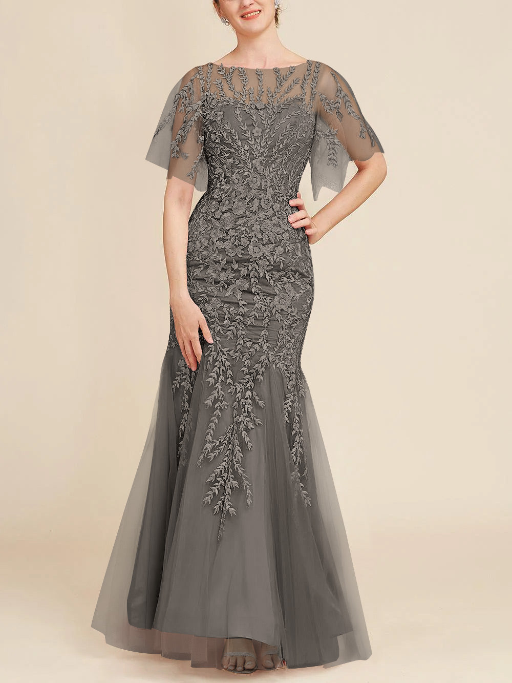 Trumpet/Mermaid Scoop Half Sleeves Floor-Length Mother of the Bride Dresses with Lace