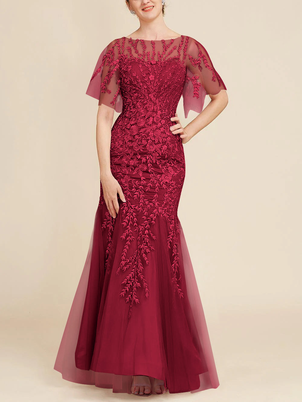 Trumpet/Mermaid Scoop Half Sleeves Floor-Length Mother of the Bride Dresses with Lace