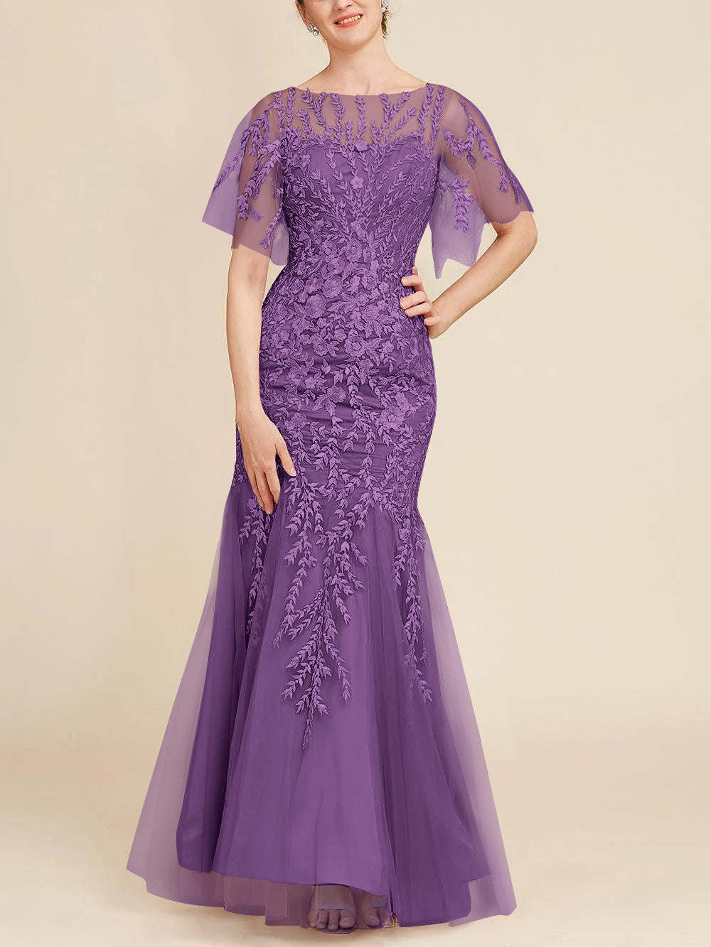 Trumpet/Mermaid Scoop Half Sleeves Floor-Length Mother of the Bride Dresses with Lace