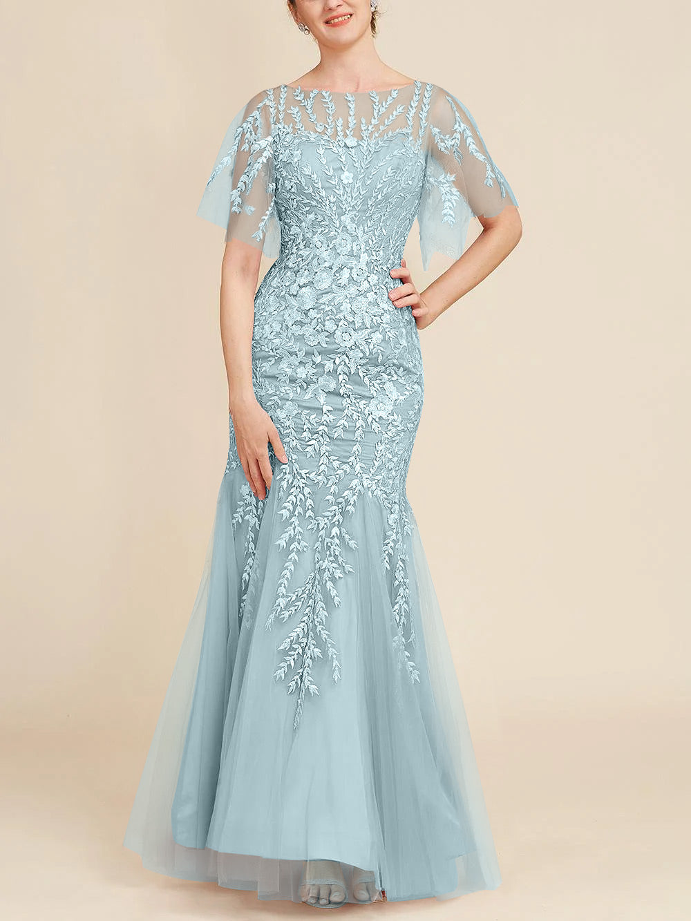 Trumpet/Mermaid Scoop Half Sleeves Floor-Length Mother of the Bride Dresses with Lace