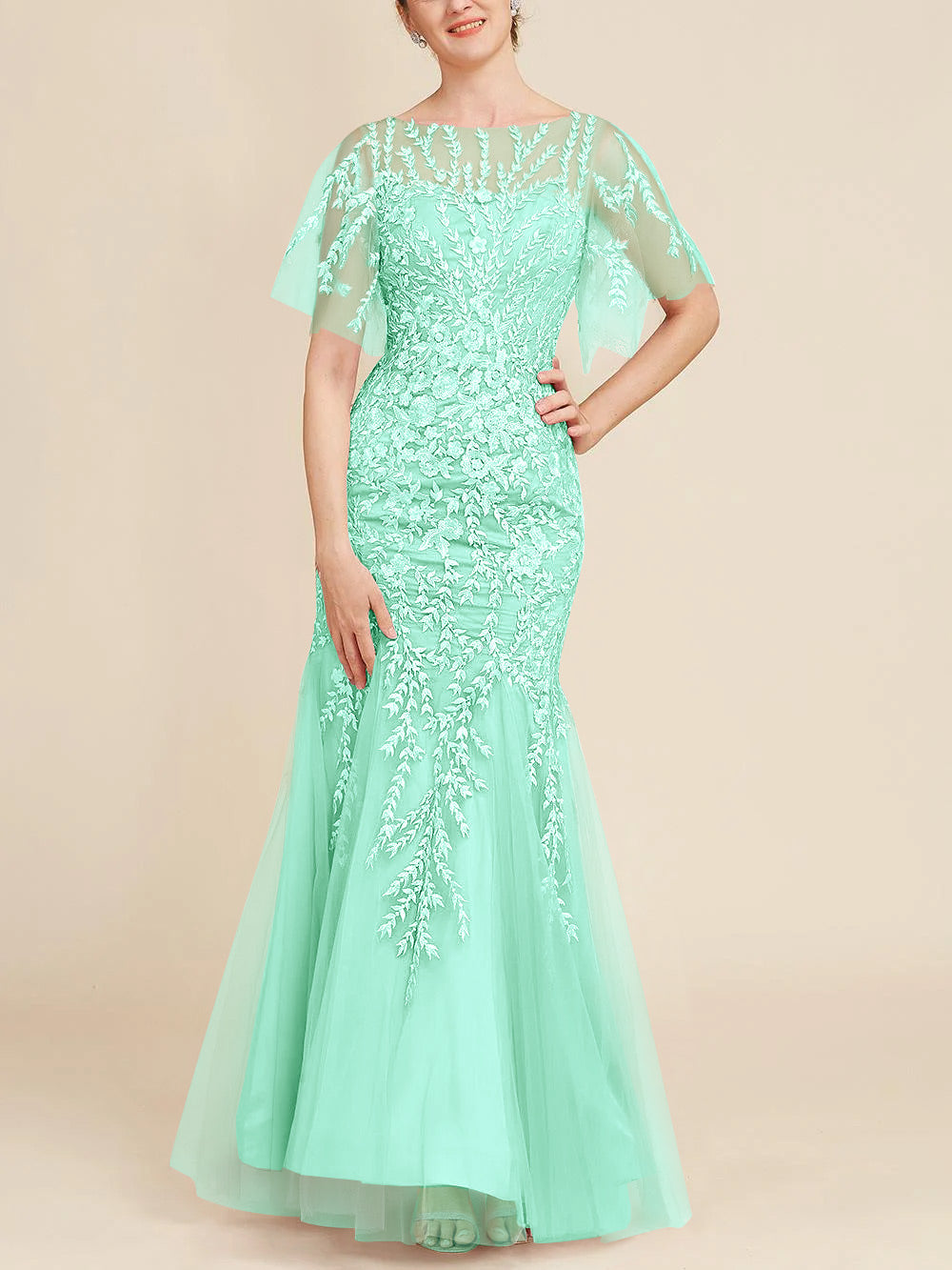 Trumpet/Mermaid Scoop Half Sleeves Floor-Length Mother of the Bride Dresses with Lace