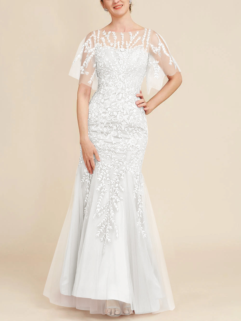 Trumpet/Mermaid Scoop Half Sleeves Floor-Length Mother of the Bride Dresses with Lace