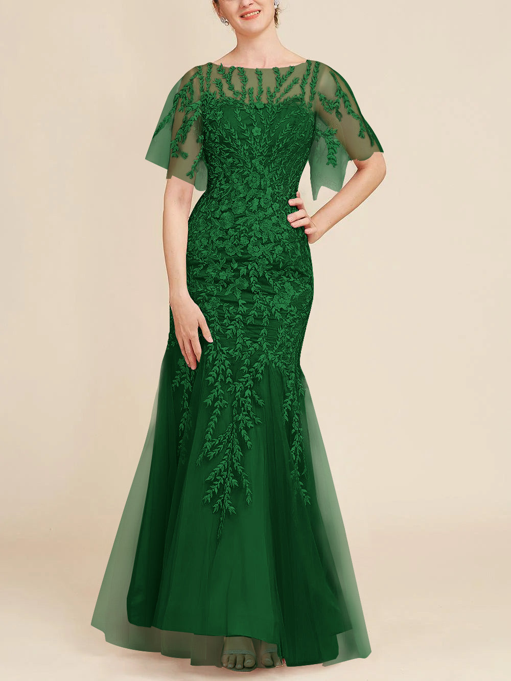 Trumpet/Mermaid Scoop Half Sleeves Floor-Length Mother of the Bride Dresses with Lace