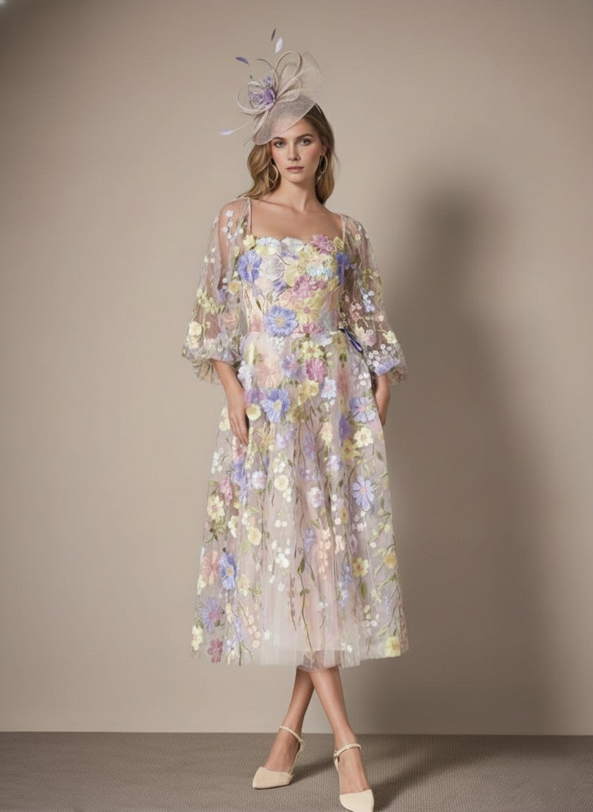 A-Line/Princess Long Sleeves Square Neck Tea-Length Mother of the Bride Dresses with Appliques