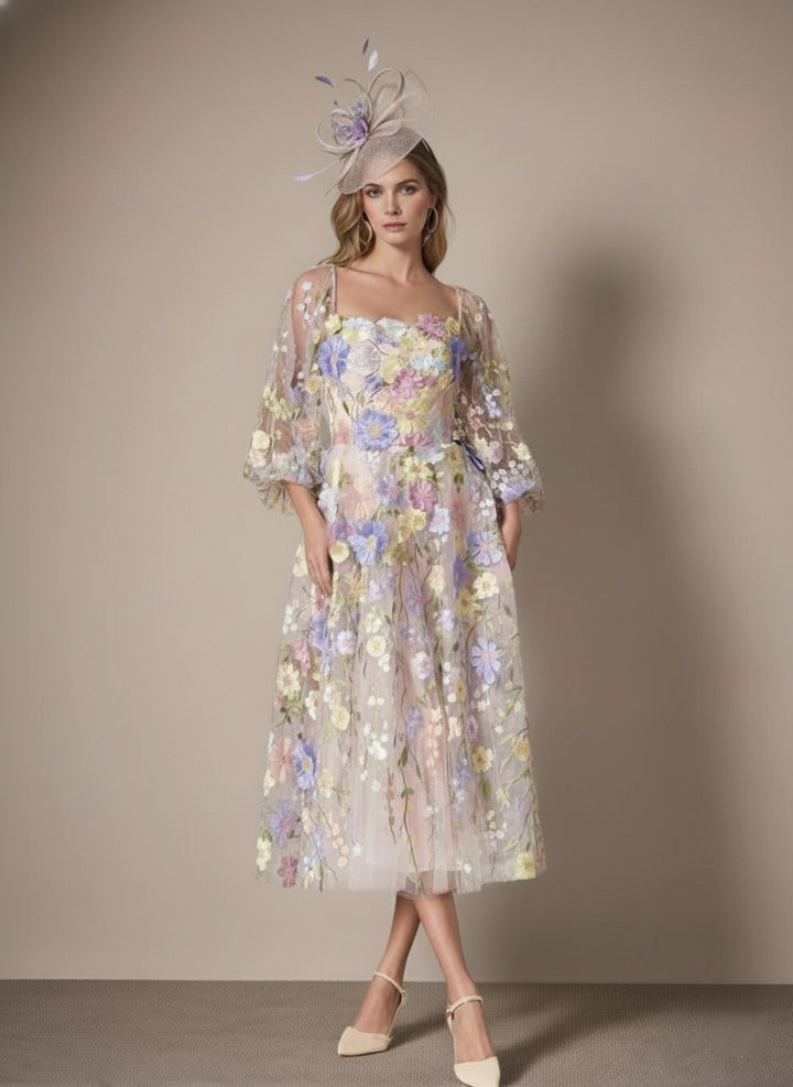 A-Line/Princess Long Sleeves Square Neck Tea-Length Mother of the Bride Dresses with Appliques