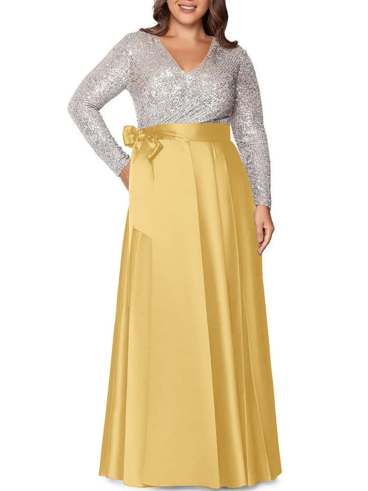 A-Line/Princess V-Neck Long Sleeves Floor-Length Plus Size Mother of the Bride Dresses With Pocket Sequins