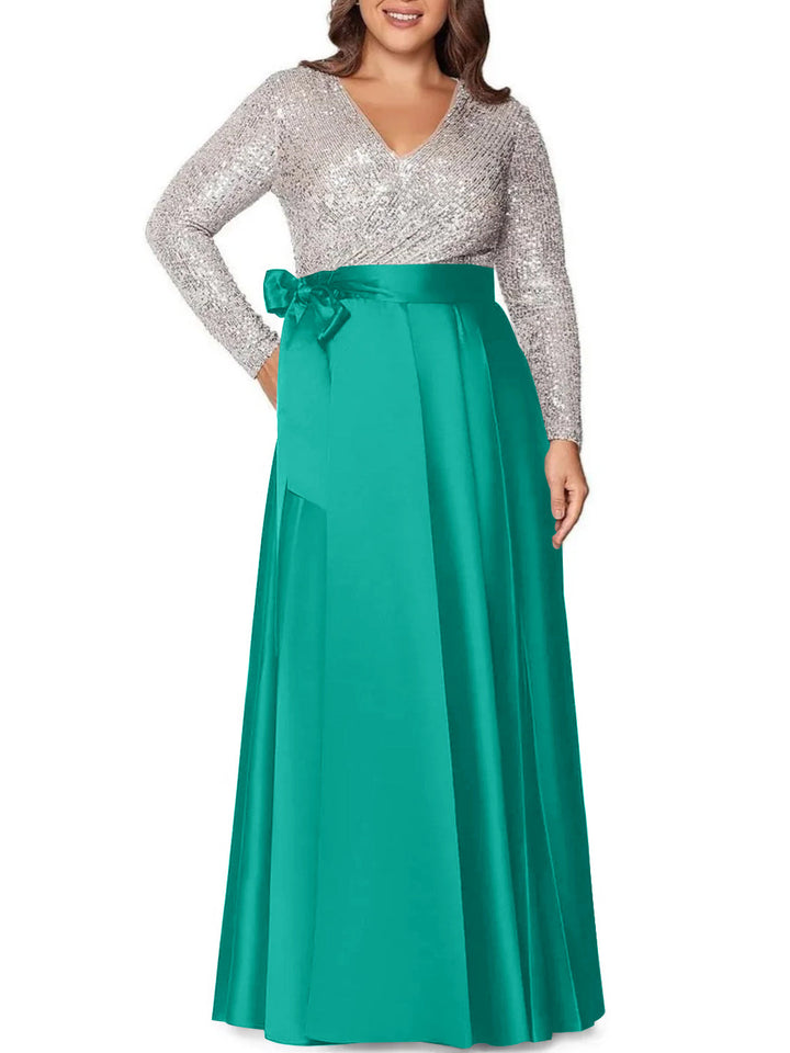 A-Line/Princess V-Neck Long Sleeves Floor-Length Plus Size Mother of the Bride Dresses With Pocket Sequins