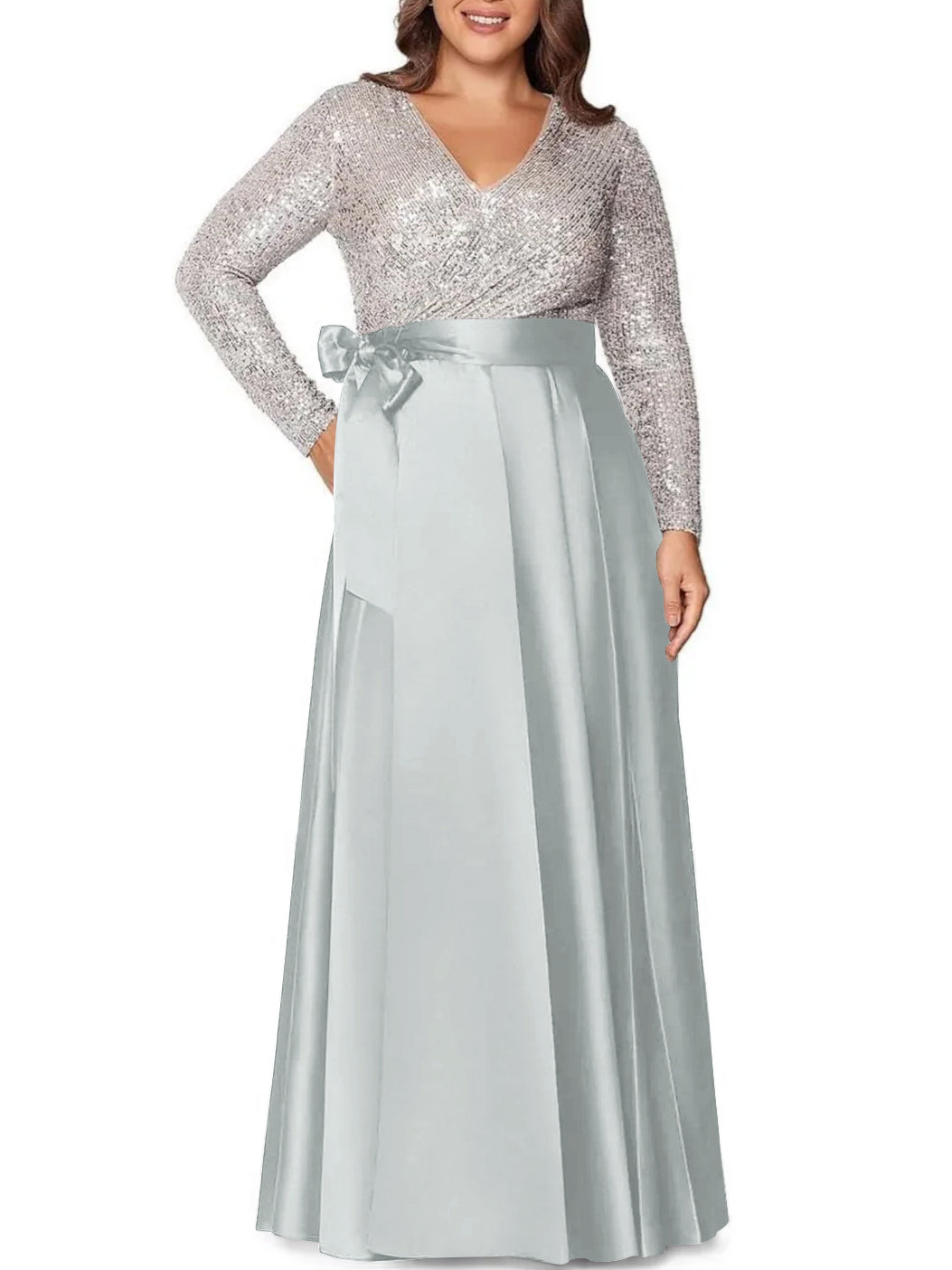 A-Line/Princess V-Neck Long Sleeves Floor-Length Plus Size Mother of the Bride Dresses With Pocket Sequins