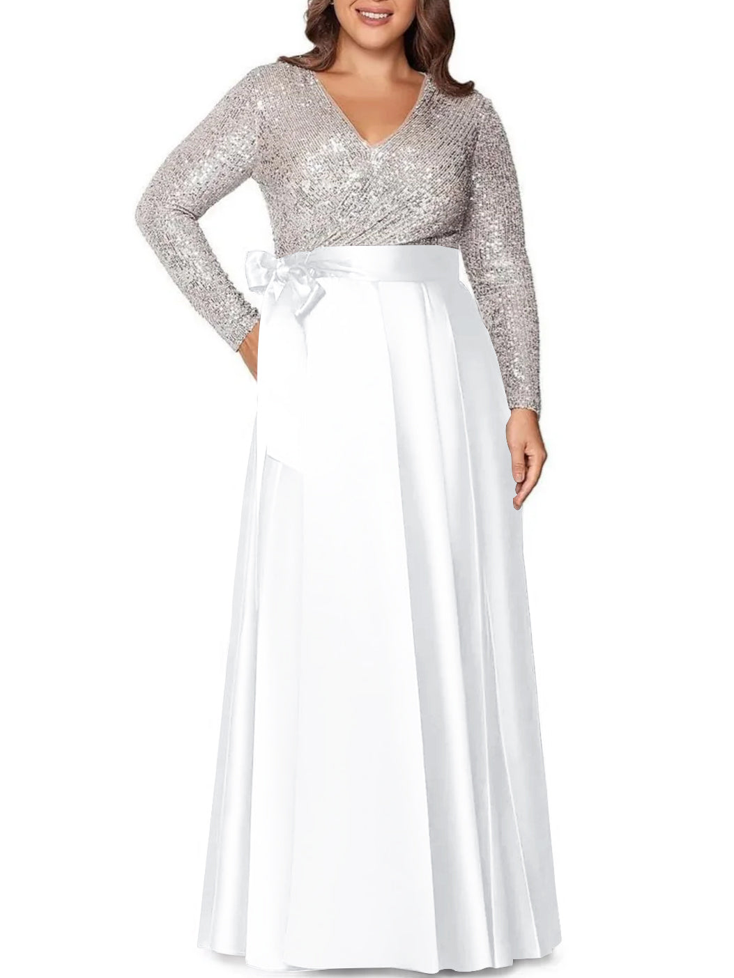 A-Line/Princess V-Neck Long Sleeves Floor-Length Plus Size Mother of the Bride Dresses With Pocket Sequins