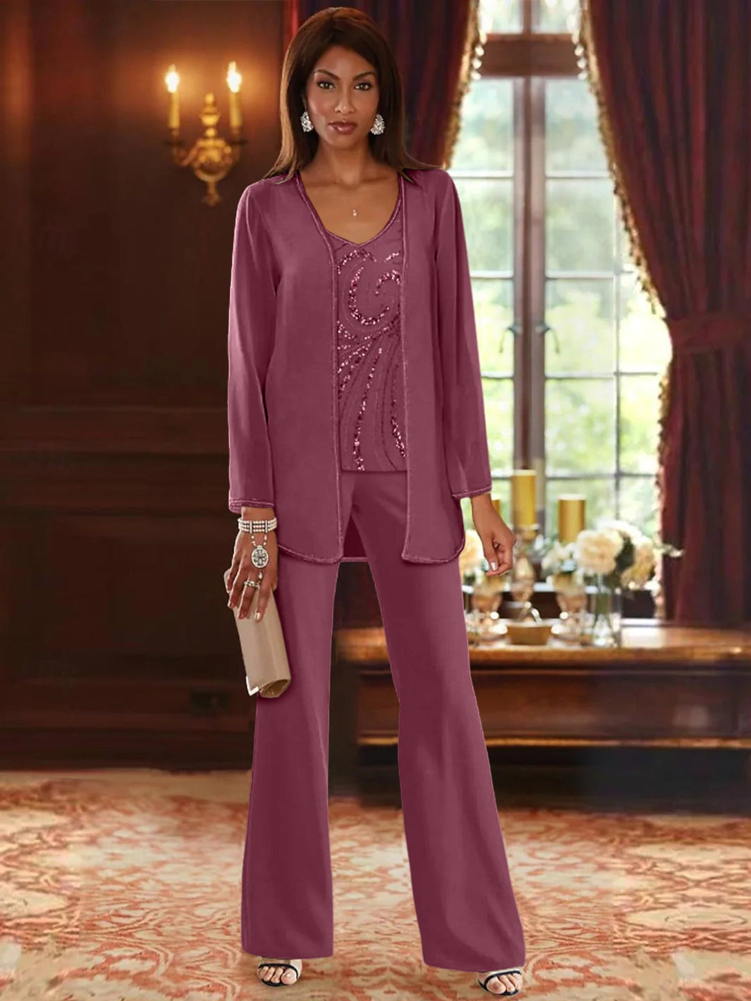 Chiffon V-Neck Floor-Length 3 Pieces Mother of the Bride Pantsuits with Jacket & Sequins