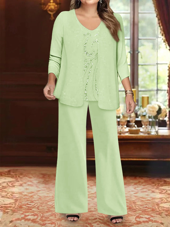 Chiffon V-Neck Floor-Length 3 Pieces Plus Size Mother of the Bride Pantsuits with Jacket & Sequins