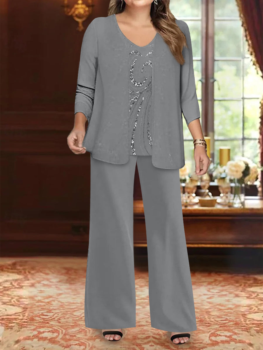 Chiffon V-Neck Floor-Length 3 Pieces Plus Size Mother of the Bride Pantsuits with Jacket & Sequins