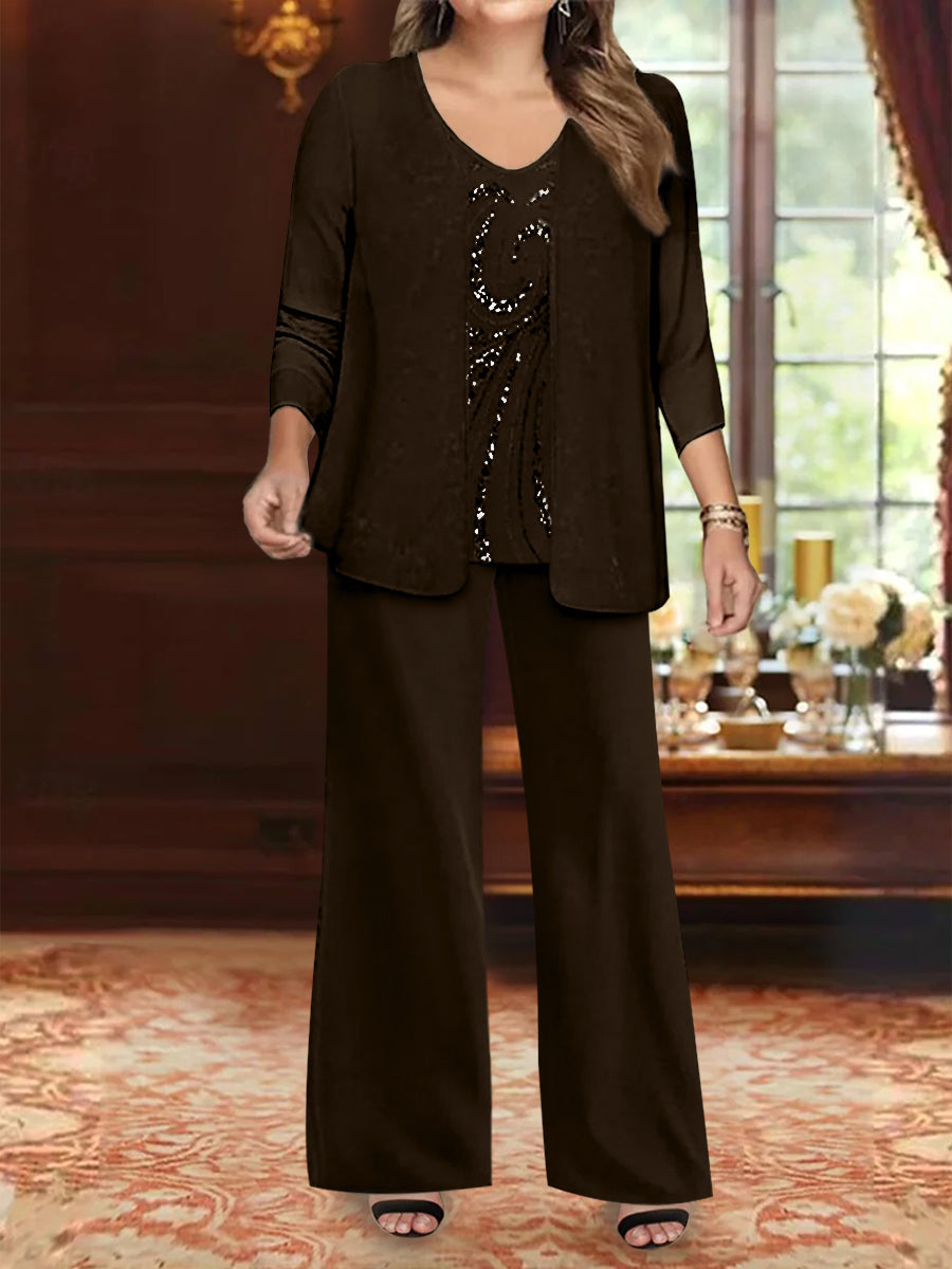 Chiffon V-Neck Floor-Length 3 Pieces Plus Size Mother of the Bride Pantsuits with Jacket & Sequins