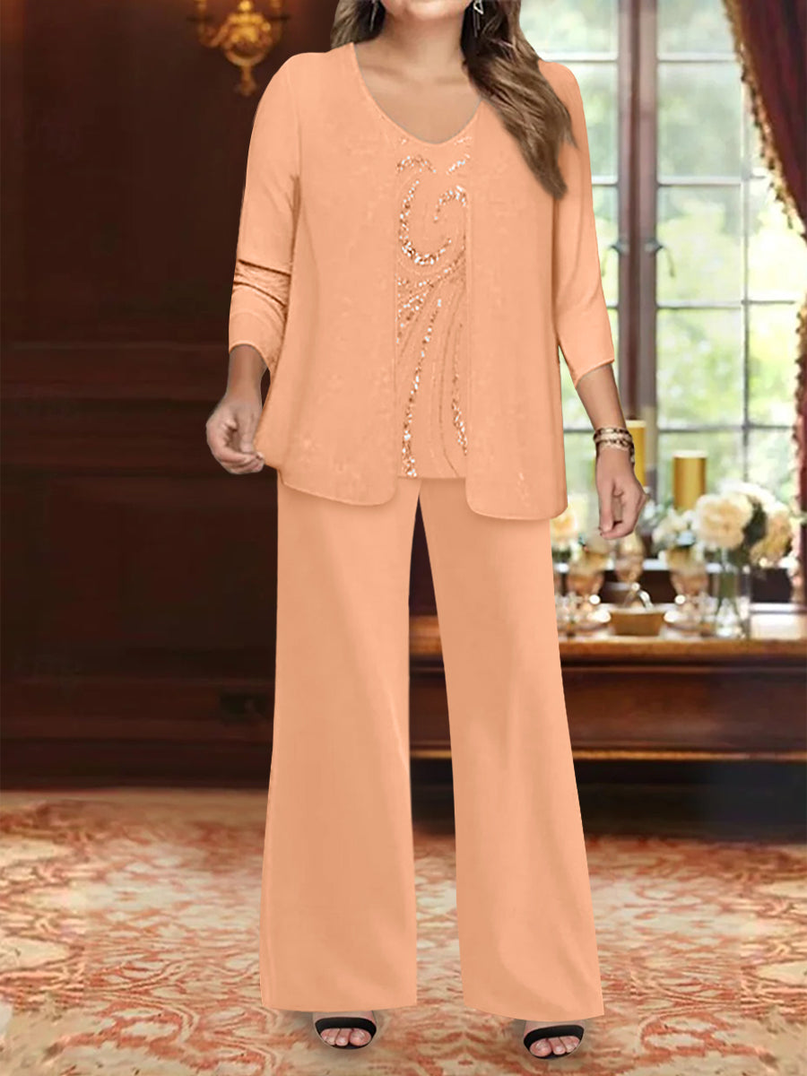 Chiffon V-Neck Floor-Length 3 Pieces Plus Size Mother of the Bride Pantsuits with Jacket & Sequins