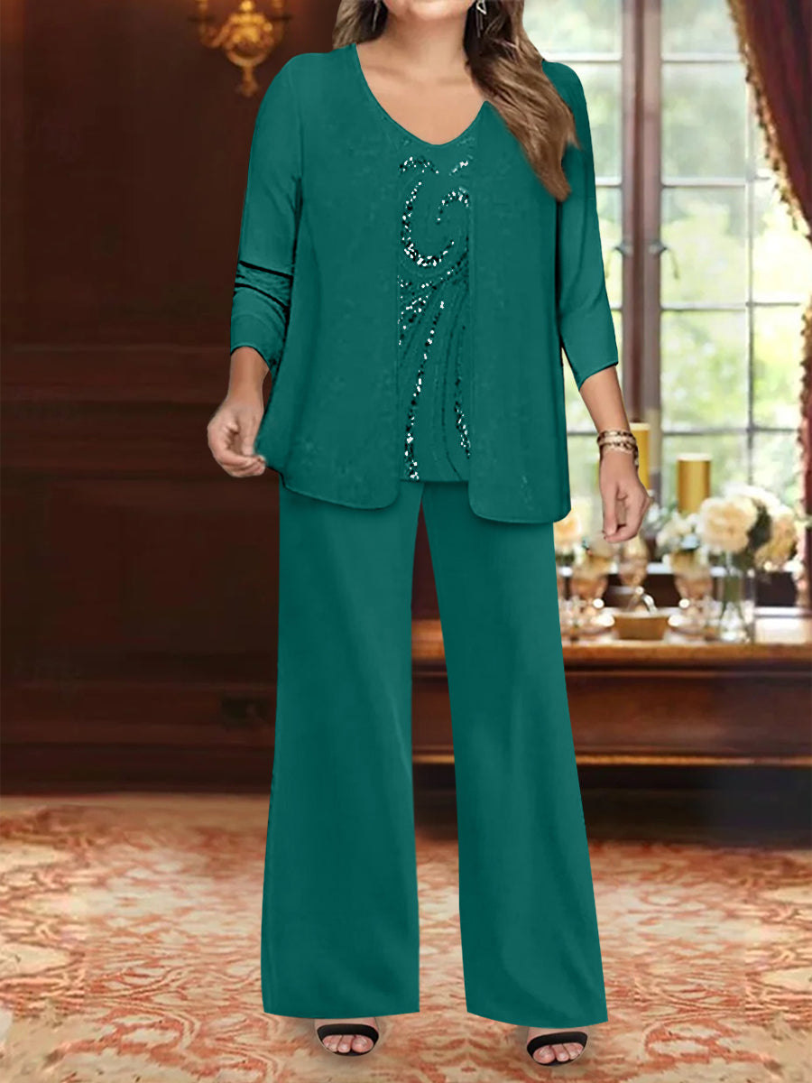 Chiffon V-Neck Floor-Length 3 Pieces Plus Size Mother of the Bride Pantsuits with Jacket & Sequins