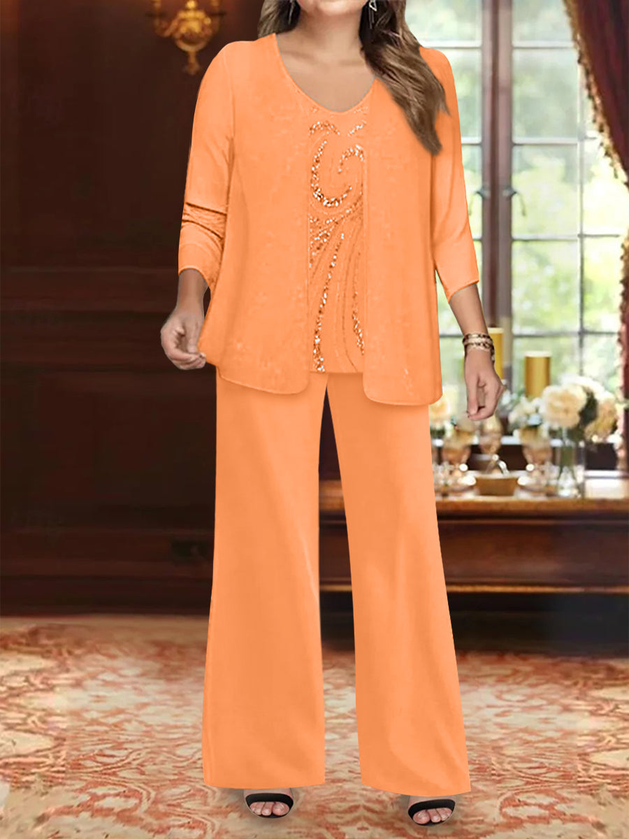 Chiffon V-Neck Floor-Length 3 Pieces Plus Size Mother of the Bride Pantsuits with Jacket & Sequins