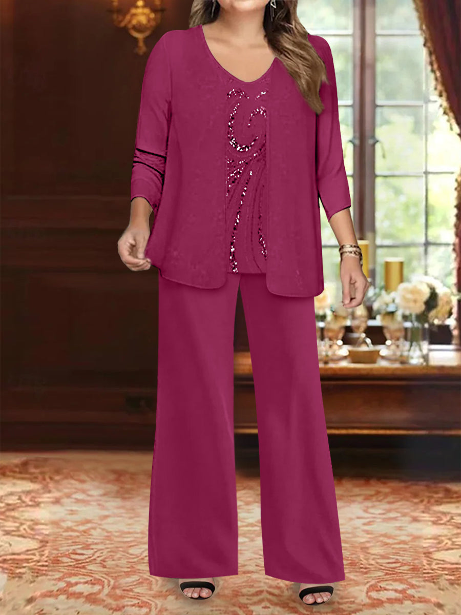 Chiffon V-Neck Floor-Length 3 Pieces Plus Size Mother of the Bride Pantsuits with Jacket & Sequins