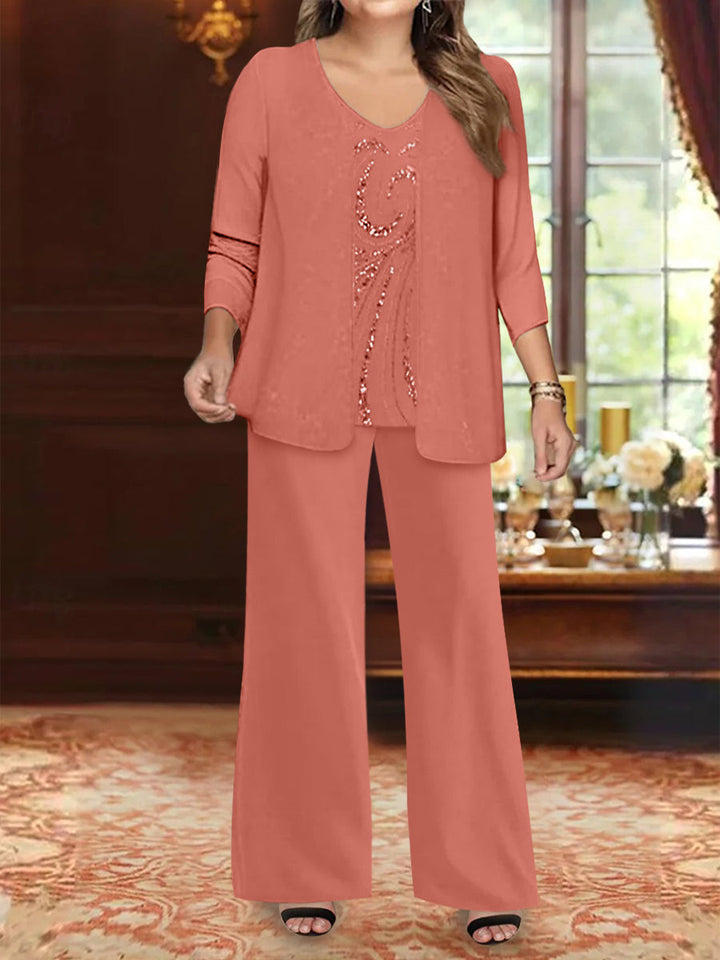 Chiffon V-Neck Floor-Length 3 Pieces Plus Size Mother of the Bride Pantsuits with Jacket & Sequins