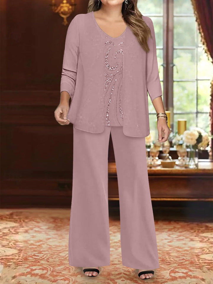 Chiffon V-Neck Floor-Length 3 Pieces Plus Size Mother of the Bride Pantsuits with Jacket & Sequins