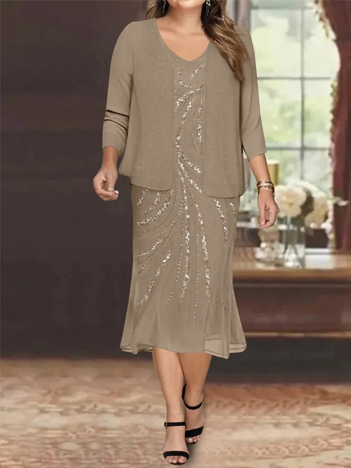 Chiffon 2 Pieces V-Neck Knee-Length Plus Size Mother of the Bride Dresses with Jacket & Sequins